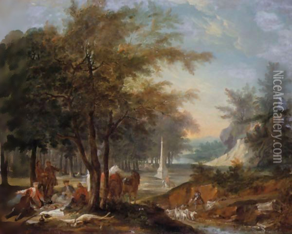 A Hunting Party Lunching In A Landscape Oil Painting - Jean-Baptiste Oudry