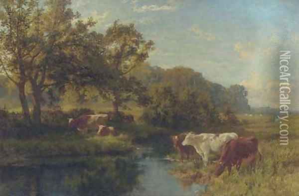 Cattle watering in a meadow Oil Painting - Charles Collins