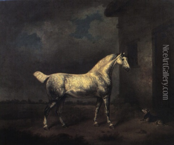 Grey Hunter And A Terrier Outside A Stable Oil Painting - Henry Bernard Chalon