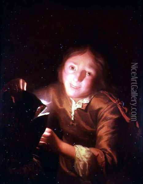 A Young Boy Holding a Candle Behind a Halloween Mask Oil Painting - Godfried Schalcken
