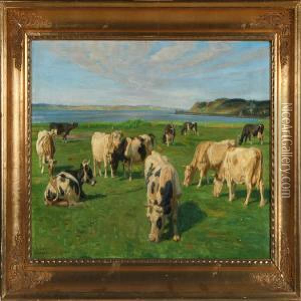 Bulls By Hjarbaek Inlet Oil Painting - Rasmus Christiansen