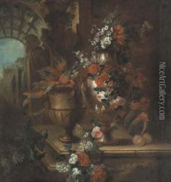 Roses, Poppies, Honeysuckle, 
Hollyhocks, Morning Glory, Peonies,narcissi And Other Flowers In A Vase,
 With Foliage In An Urn And Amelon And Peaches On A Stone Ledge, A 
Garden Beyond Oil Painting - Pierre-Nicolas Huillot