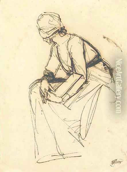 Study of a seated woman, observed from her left side Oil Painting - George Romney