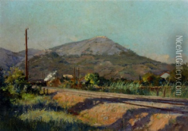 A Train Running Through A Mediterranean Landscape Oil Painting - Eugene Baptiste Emile Dauphin