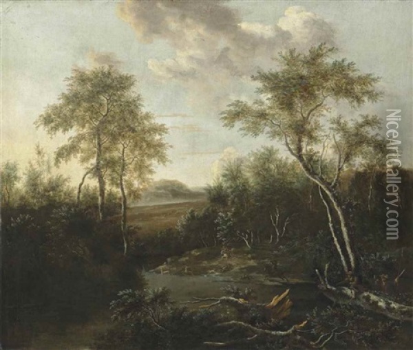 A Wooded River Landscape With Huntsmen And Dogs On A Track Oil Painting - Frederick De Moucheron