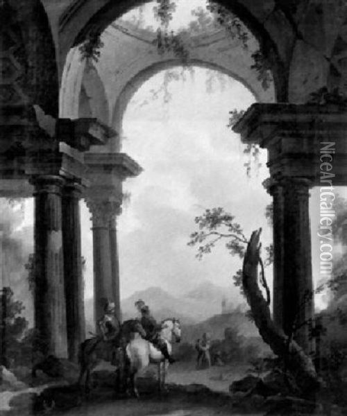 Elegant Cavalry Men Passing A Ruined Arch In A Landscape Oil Painting - Hubert Robert