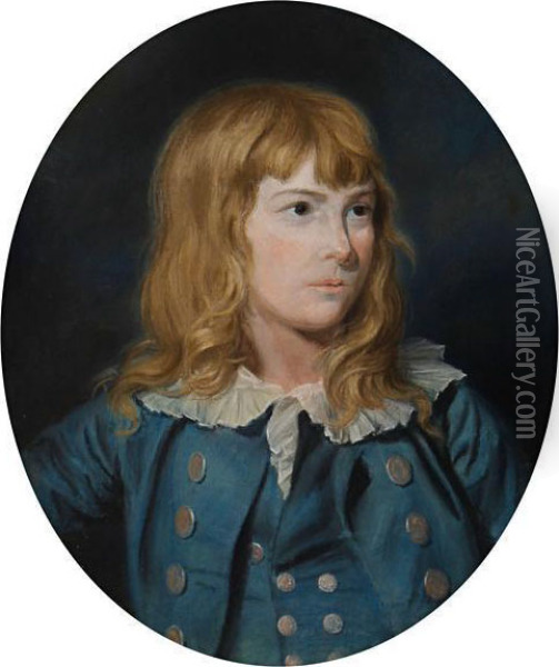 Portrait Of A Boy, Bust-length, In A Blue Coat And Waist Coat Oil Painting - Thomas Holloway
