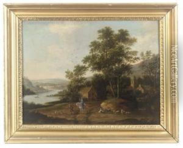 A River Landscape With Figures And Animals In A Village Oil Painting - Marc Baets