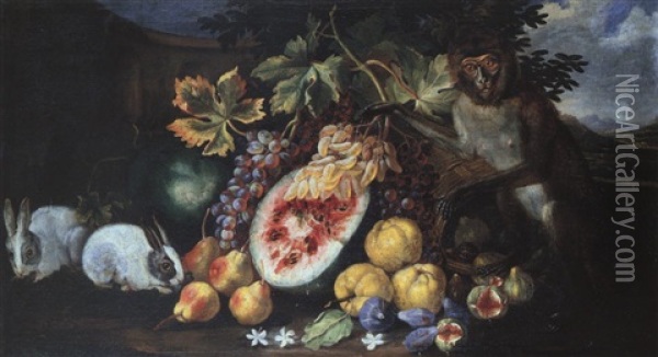 Fruchtestilleben Mit Hasen Und Einer Meerkatze Oil Painting - Abraham Brueghel