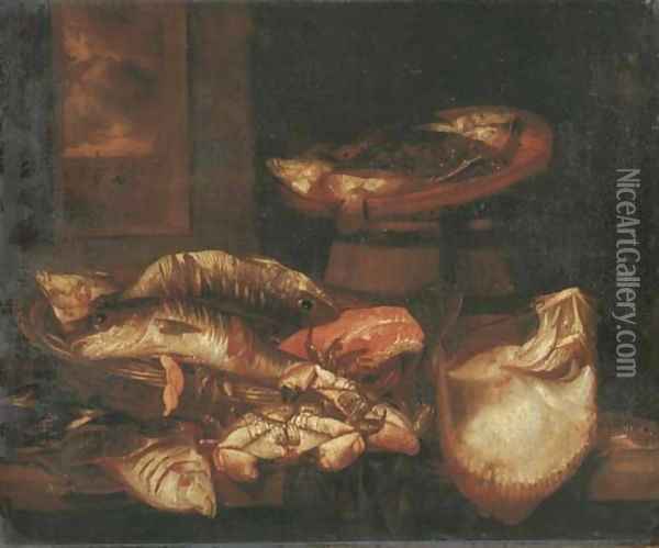 A ray, a salmon steak, crabs and other fish in a basket on a wooden ledge before a window Oil Painting - Abraham Hendrickz Van Beyeren