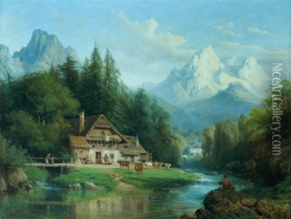 Paysage Alpin Au Chalet Oil Painting - Charles Euphrasie Kuwasseg