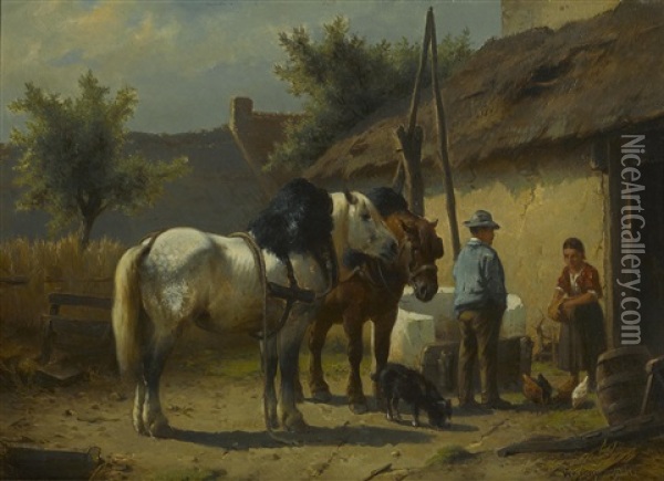 Figures And Two Horses Outside Of A Barn Oil Painting - Wouter Verschuur the Younger