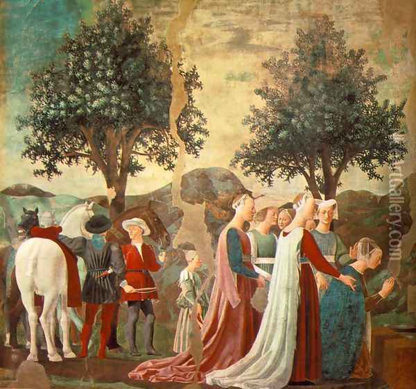 Adoration of the Holy Wood (left view) c. 1452 Oil Painting - Piero della Francesca