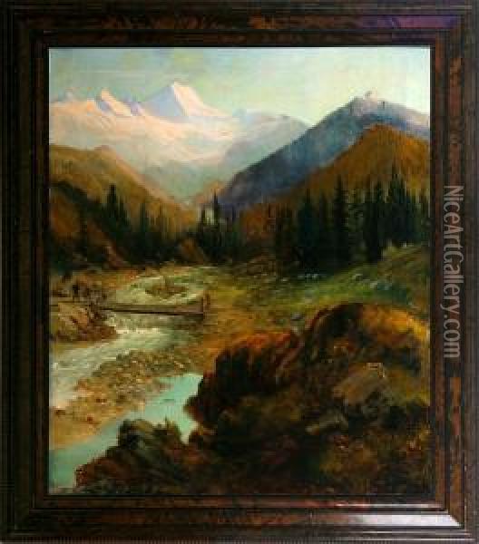 An Alp Scenery With Rapids And A Walking Bridge With A Walking Man. Signed Oil Painting - Josefina Holmlund