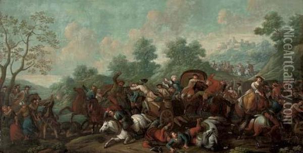 A Convoy Being Attacked By Brigands On A Mountain Pass Oil Painting - Jan von Huchtenburgh