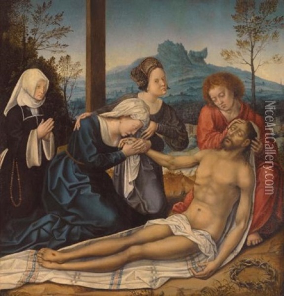 The Lamentation Of Christ At The Foot Of The Cross, With A Donor Oil Painting - Bernaert (Barend) van Orley