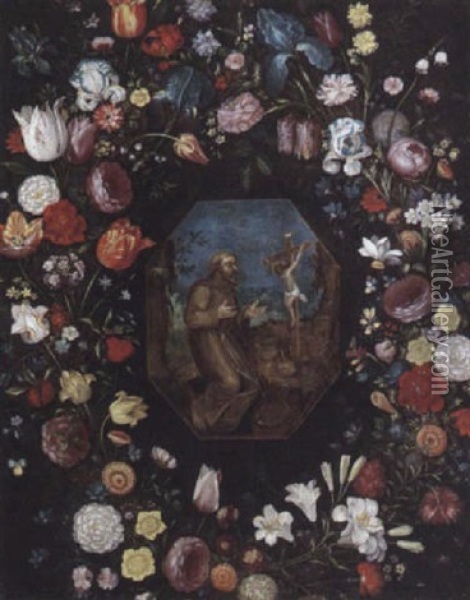 Blumengirlande Mit Dem Heiligen Franziskus Oil Painting - Andries Daniels