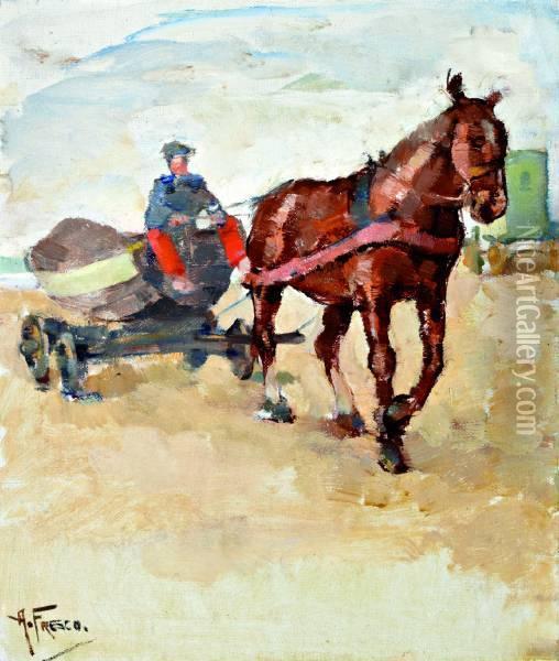 Strandscene Met Paard Voor Kar Met Vissersboot En Badkoets Oil Painting - Abraham Fresco
