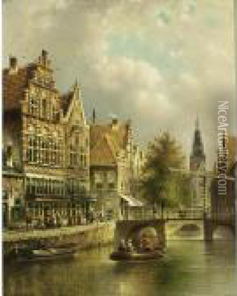A View Of The Groenburgwal With The Zuiderkerk In The Distance, Amsterdam Oil Painting - Johannes Franciscus Spohler
