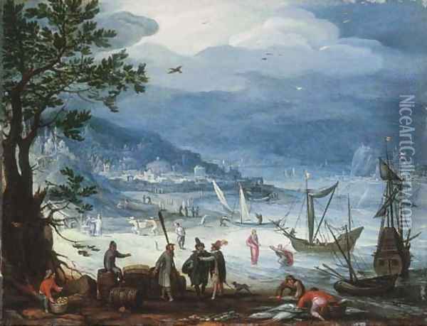 A coastal landscape with fishing boats and peasants disembarking, the Calling of Saint Peter beyond Oil Painting - Anthonie Mirou