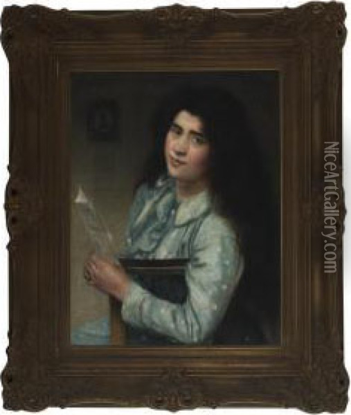 Young Girl Reading A Letter Oil Painting - George Morton