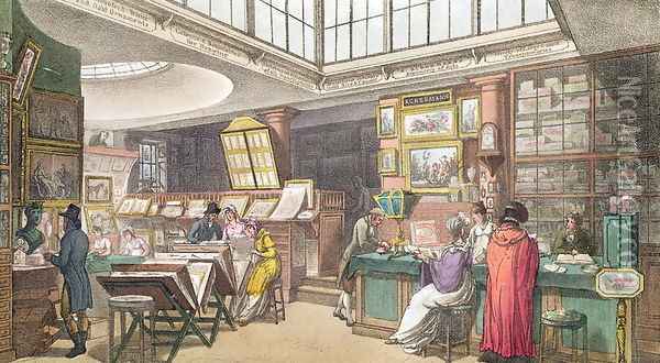 Interior from Ackermanns Repository of Arts, Literature, Commerce, Manufacture, Fashion and Politics, published 1809-28 Oil Painting - T. Rowlandson & A.C. Pugin