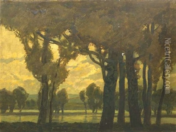Baumgesaumtes Flussufer Im Abendlicht Oil Painting - Ludwig Dill