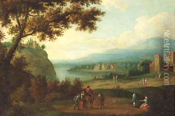 Travellers on a path, a riverlandscape in the distance Oil Painting - Adriaen Frans Boudewijns
