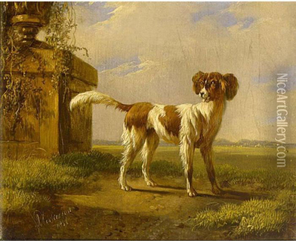 A Dog In A Landscape Oil Painting - Albertus Verhoesen