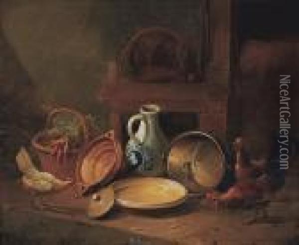Stil Life With The Washing Up And Poultry (1865) Oil Painting - Albertus Verhoesen
