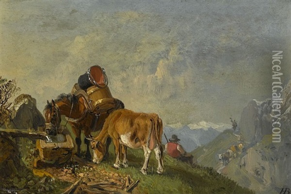 A Resting Peddler With His Horse And A Cow In A Mountaneous Landscape Oil Painting - Heinrich Buerkel