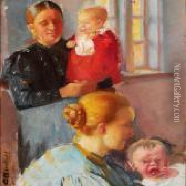 Two Young Mothers With Their Little Kids Oil Painting - Anna Ancher