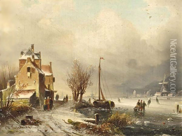 Figures On A Frozen Waterway, A Windmill In The Distance Oil Painting - Charles Henri Leickert