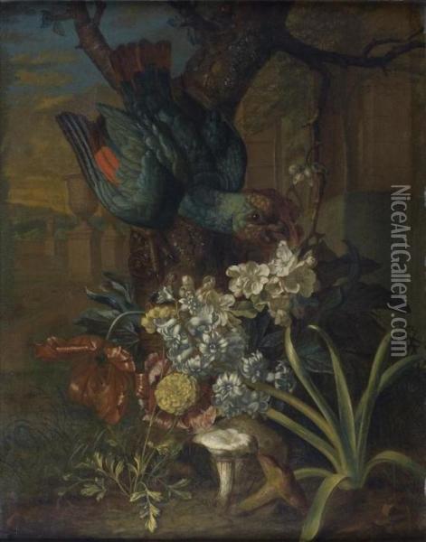 Perroquet Dominant Un Massif De Fleurs Et Champignon Au Pied D'un
Arbre Oil Painting - Pieter Andreas Rysbrack