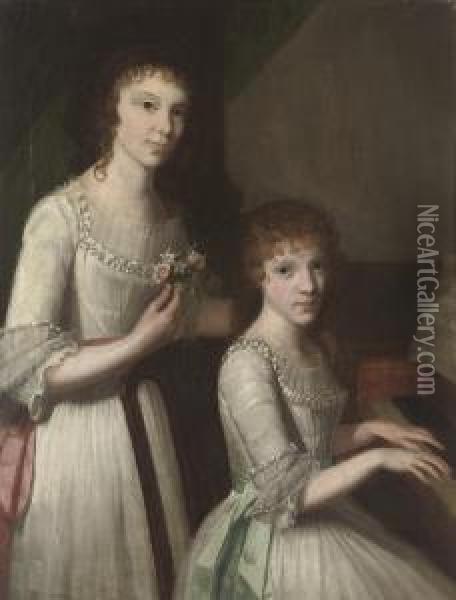 Double Portrait Of Sisters, Three-quarter-length, In White Dresses With Pink And Blue Sashes, The Former Standing With A Posy Of Roses And Orange Blossom In Her Right Hand, The Latter Seated At A Pianoforte Oil Painting - John Francis Rigaud