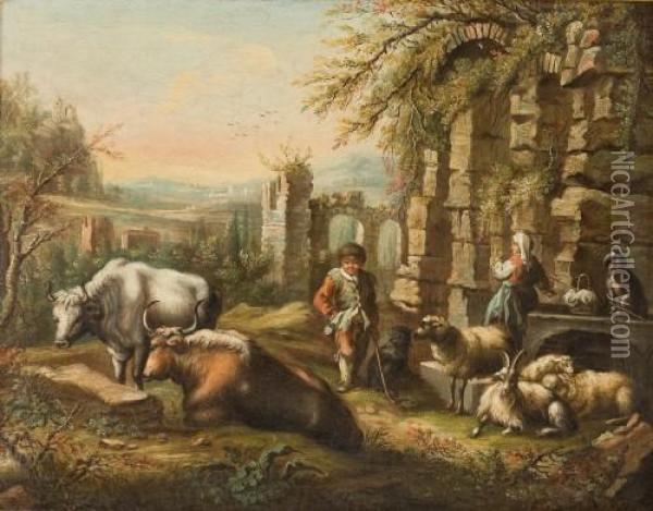 Hirtenkinder Mit Schafen Und Ziegen In Ruinenlandschaft Oil Painting - Jean-Baptiste Huet I
