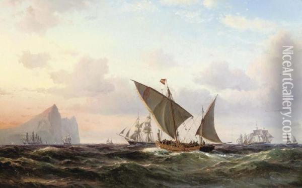 Xebecs And Other Shipping Off Gibralter At Sunset Oil Painting - Vilhelm Melbye