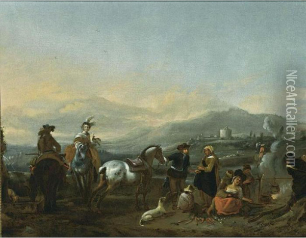 A Landscape With Huntsmen After 
The Hunt Near A Wood Fire With Gypsies Holding Cooking Pots, Together 
With Dogs And Children Oil Painting - Pieter Wouwermans or Wouwerman