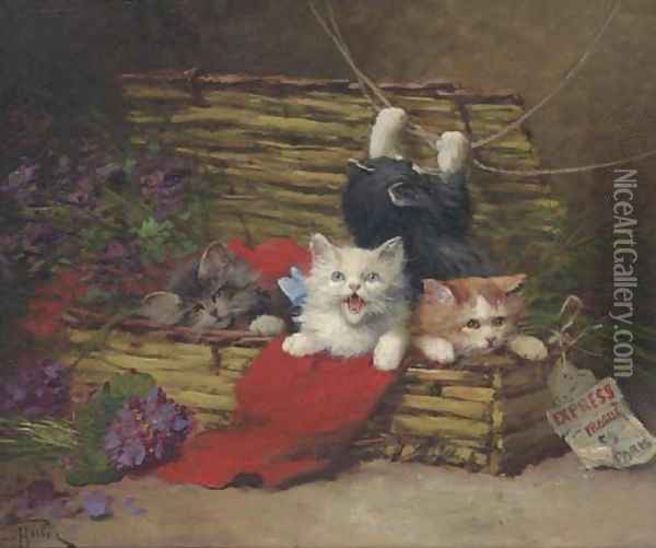Four Kittens in a Basket Oil Painting - Leon Charles Huber