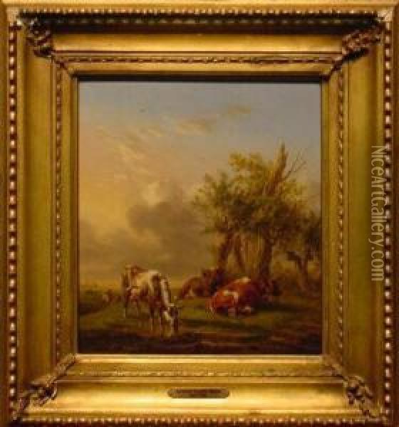 Cows Beside A Watering Hole Oil Painting - Abraham Hendrik Winter