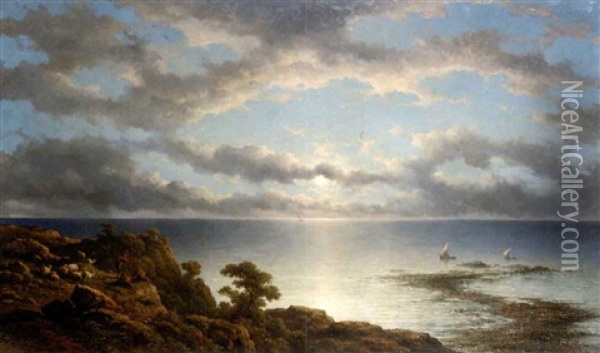 Shepherds Overlooking The Sea At Sunset Oil Painting - Johannes Hilverdink