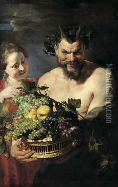 Satyr and Maid with Fruit Basket 1615 Oil Painting - Peter Paul Rubens