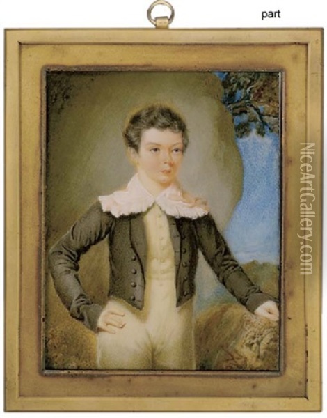 A Young Boy, In Ochre Breeches With Wide Frill Collar, Black Coat With Black Buttons, His Right Hand Resting On His Hip, And His Left Hand On A Rock (+ A Young Girl, In Peach Dress; 2 Works) Oil Painting - William Egley