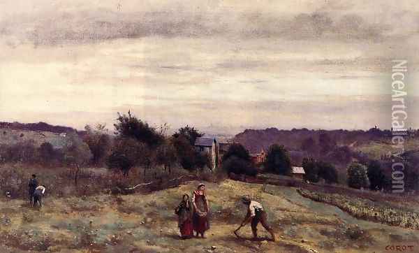 Ville d'Avray - the Heights: Peasants Working in a Field Oil Painting - Jean-Baptiste-Camille Corot
