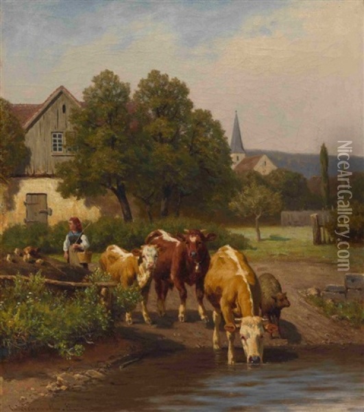 Hirtin Mit Rindern Am Wasser Vor Dem Dorf Oil Painting - Wilhelm Schmitt