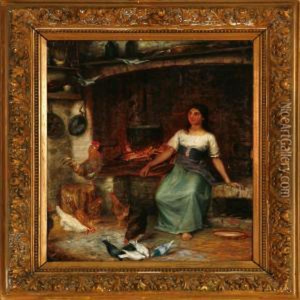 Interior With An Italian Woman At A Fireplace Oil Painting - Hans Christian Koefoed