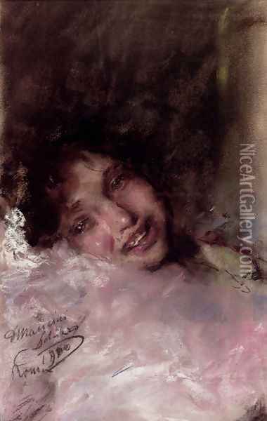 A Young Girl Laughing Oil Painting - Antonio Mancini