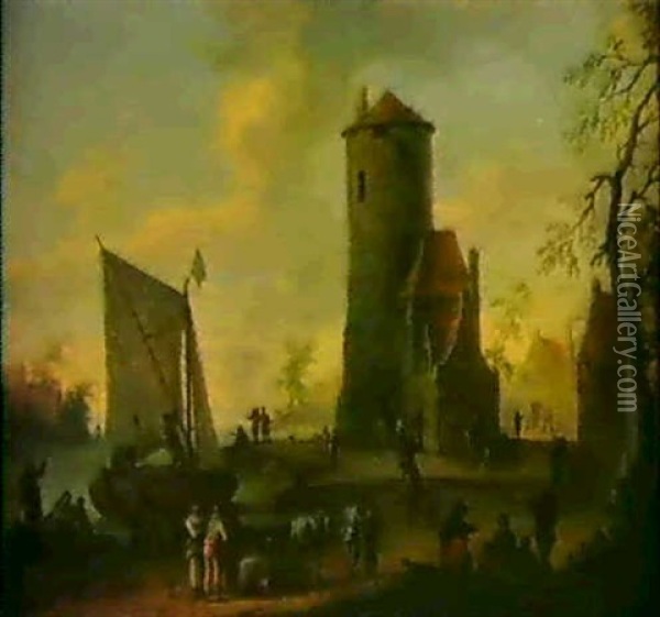Flusslandschaft Mit Einem Turm Und Bauern Oil Painting - Franz de Paula Ferg