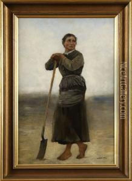 Strandmotiv Med Kvinna Oil Painting - August Wilhelm Nikolaus Hagborg