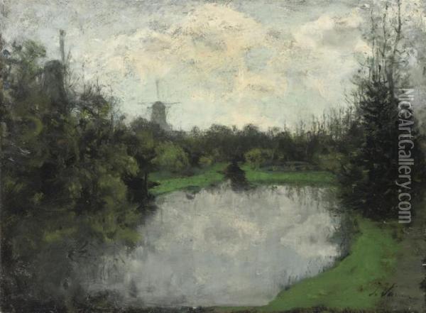 Windmills Near A Pond Oil Painting - Floris Verster